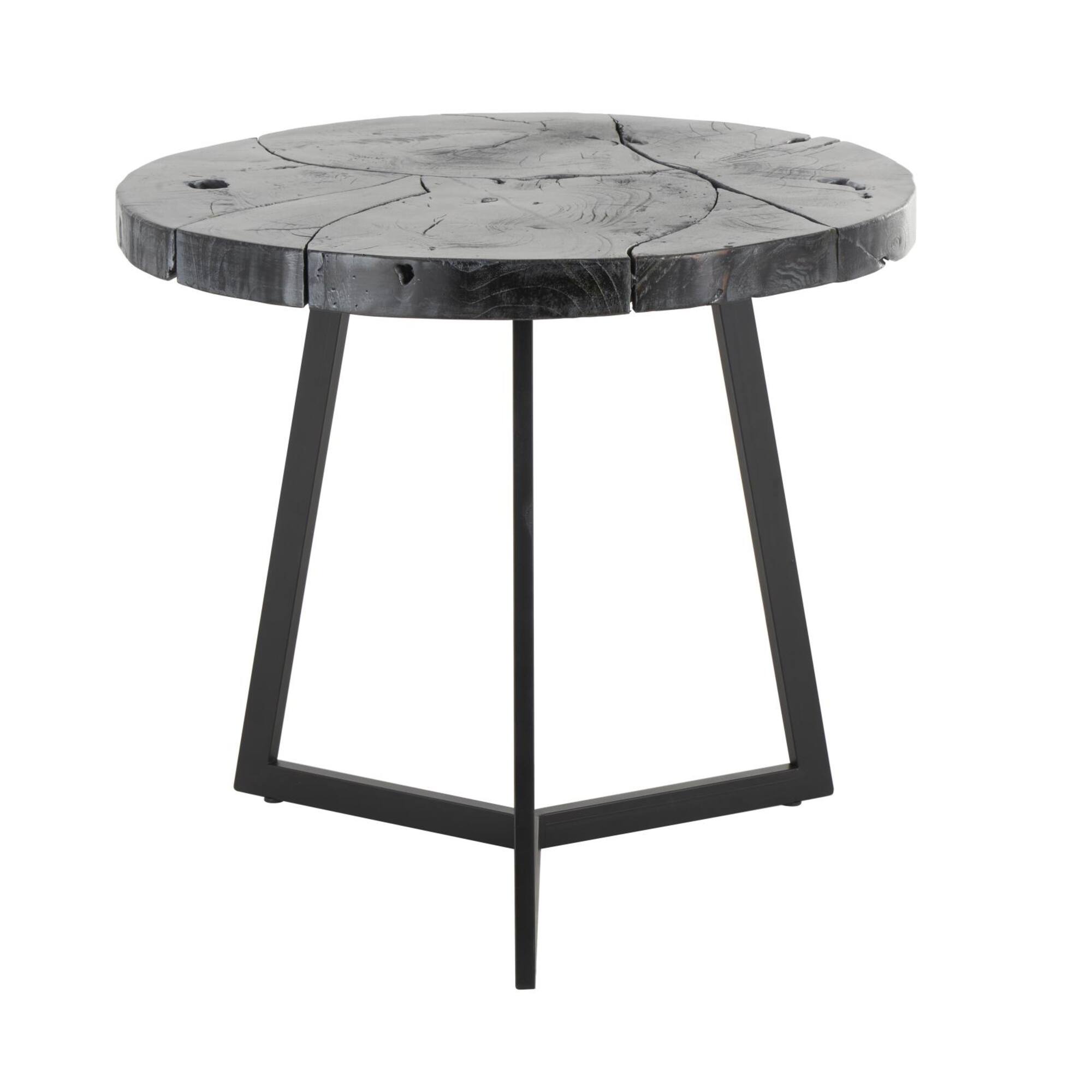 21.5" Black Teak Wood Handmade Live Edge Accent Table with Black Metal Base